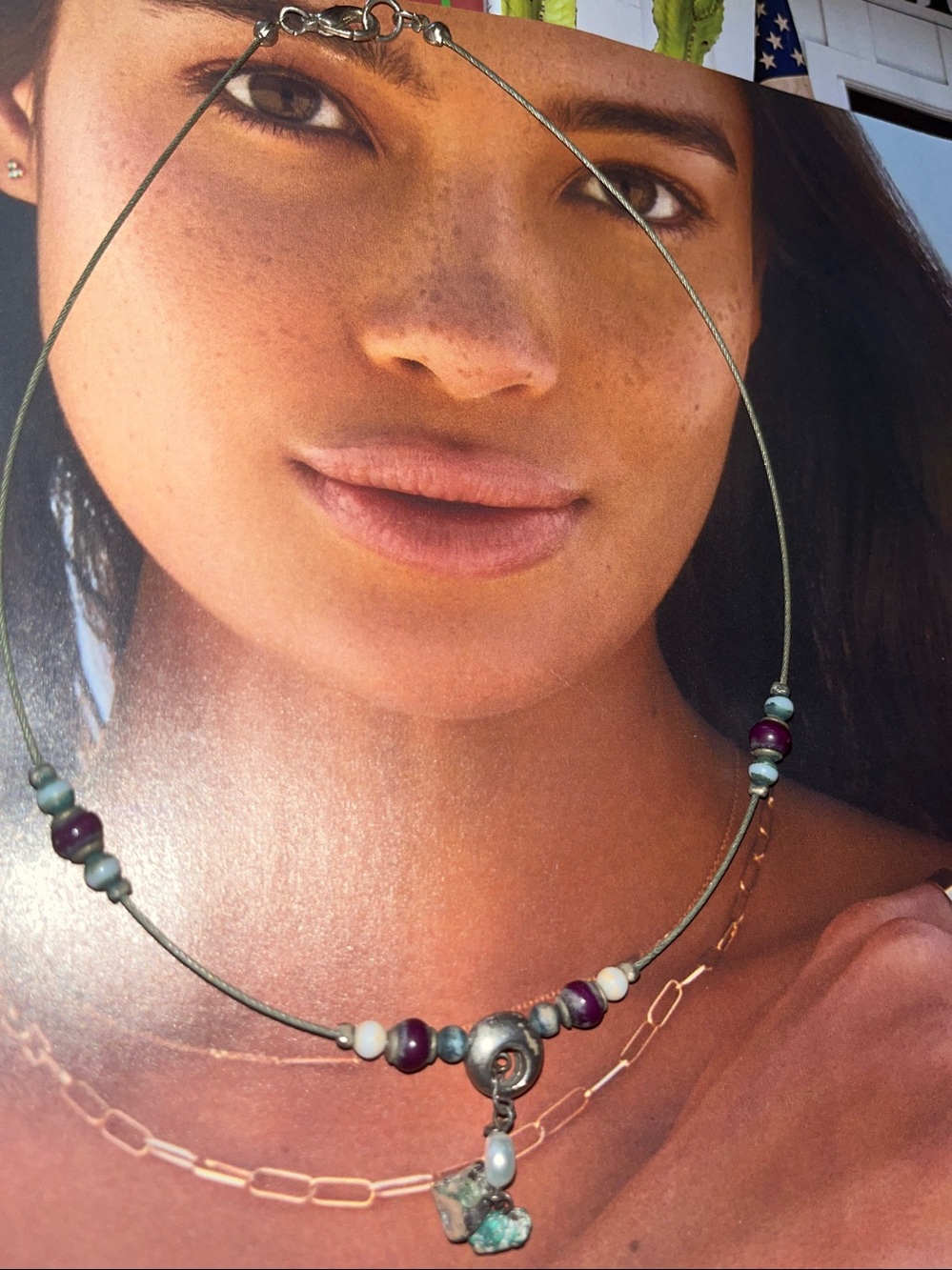 Delicate Purple & Silver w/green rocks&Beads Necklace with silver Charm